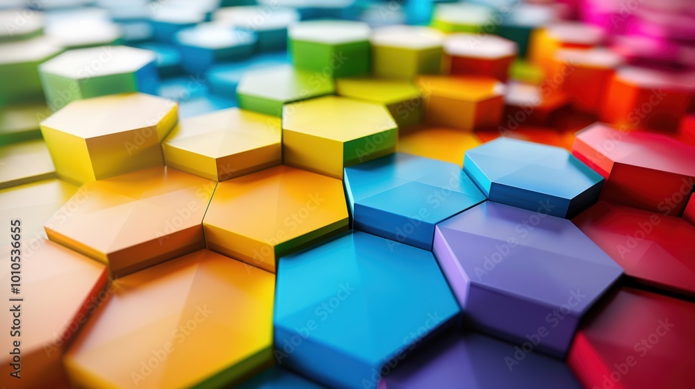 A vibrant arrangement of hexagonal shapes in various colors, creating a visually striking pattern that showcases geometry and design
