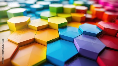 A vibrant arrangement of hexagonal shapes in various colors, creating a visually striking pattern that showcases geometry and design
