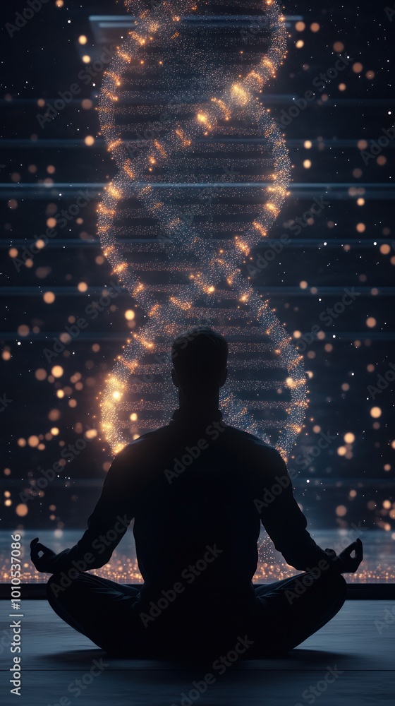Meditating man silhouetted against glittering DNA Meditating man silhouetted against glittering DNA