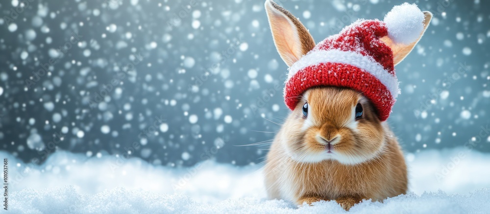 A cute brown bunny with a red santa hat is sitting in the snow, looking at the camera. A cute brown bunny with a red santa hat is sitting in the snow, looking at the camera.