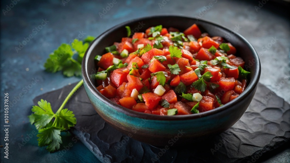 Fresh salsa in a bowl with cilantro garnish on a black slate. Fresh salsa in a bowl with cilantro garnish on a black slate.