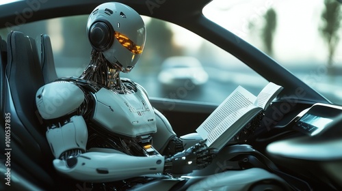 Sleek robot engrossed in reading book in vehicle.