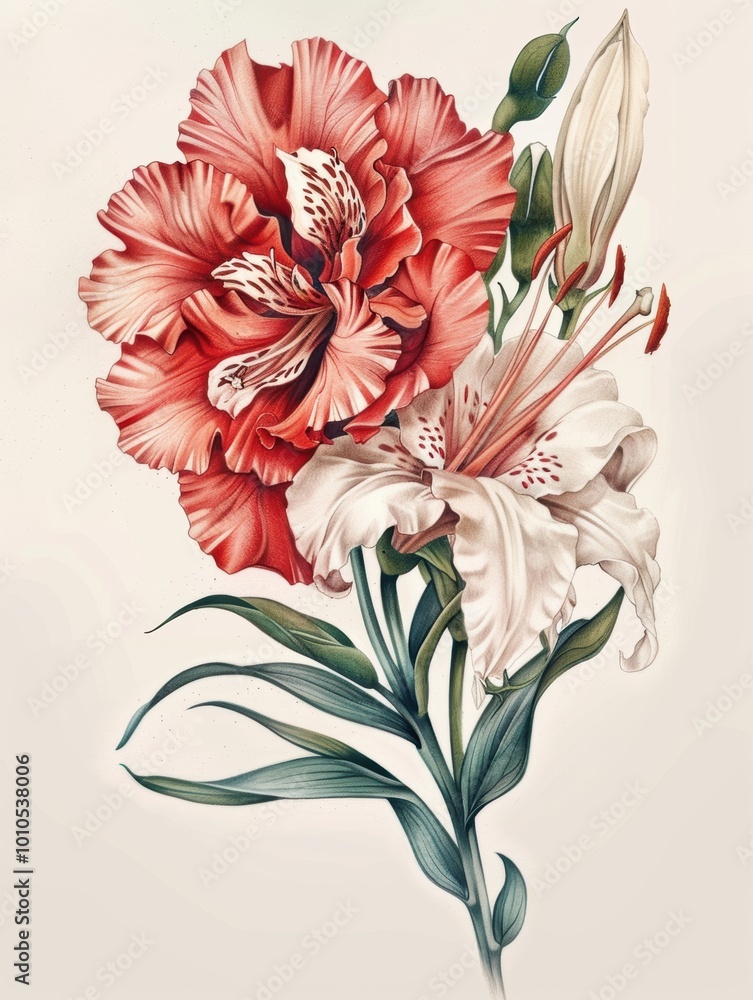 A vibrant illustration of a red flower and a white lily, showcasing intricate details and natural beauty.