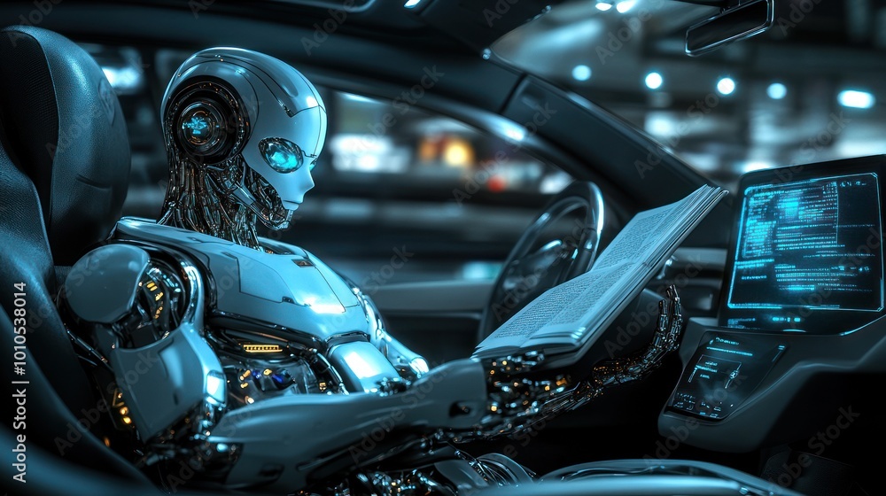 Cyborg driver in high-tech car reads intense novel Cyborg driver in high-tech car reads intense novel