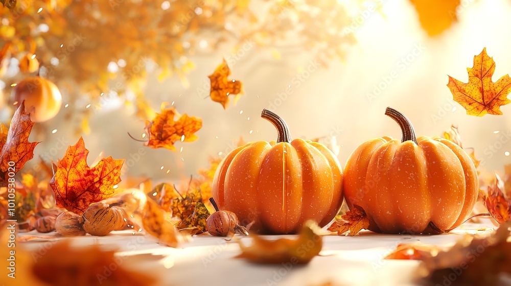 harvest time, fall ads, and autumn theme - pumpkins and leaves on indoor wooden table harvest time, fall ads, and autumn theme - pumpkins and leaves on indoor wooden table