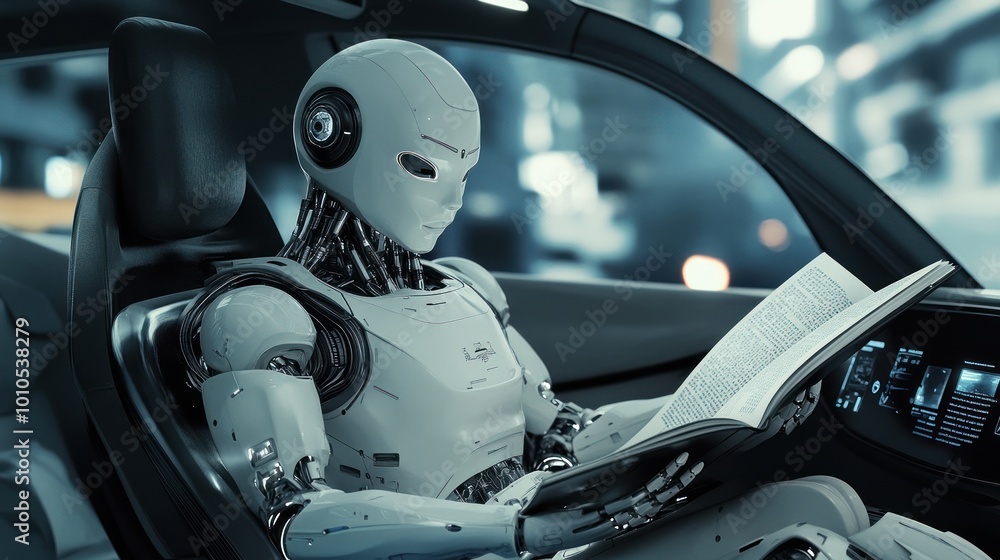 Cybernetic figure peacefully reading a book in car Cybernetic figure peacefully reading a book in car