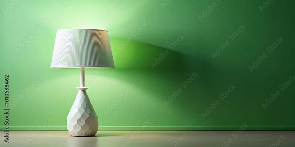 A white lamp with a geometric base casts a warm glow against a verdant wall, creating a minimalist and inviting atmosphere. A white lamp with a geometric base casts a warm glow against a verdant wall, creating a minimalist and inviting atmosphere.
