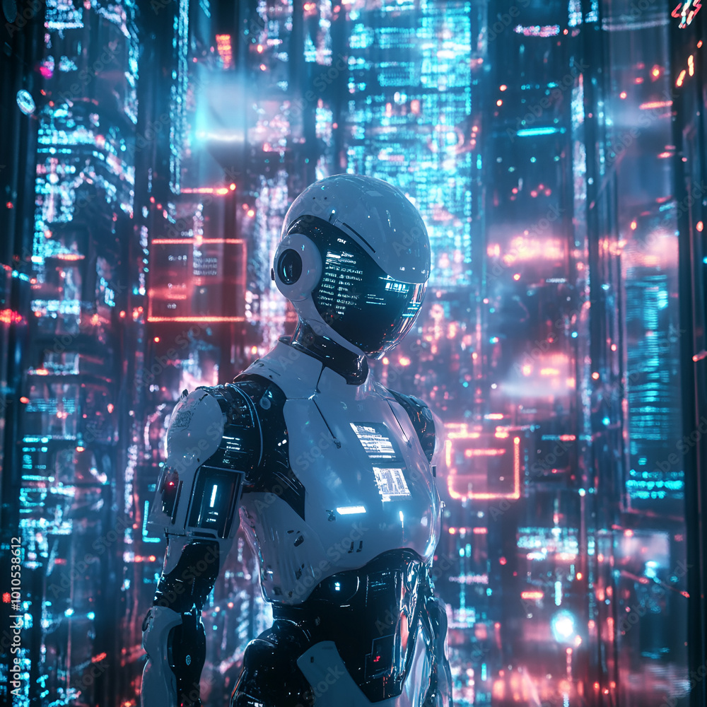 AI Robot in Futuristic City, Humanoid Robot in Digital World AI Robot in Futuristic City, Humanoid Robot in Digital World