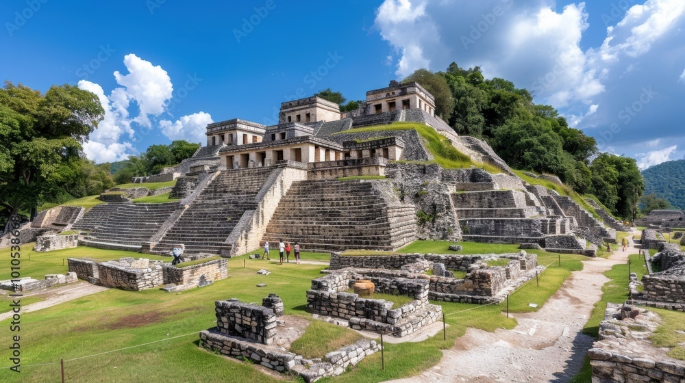 Ancient ruins of a pyramid structure set against a blue sky, surrounded by greenery, showcasing historical architecture and archaeological significance