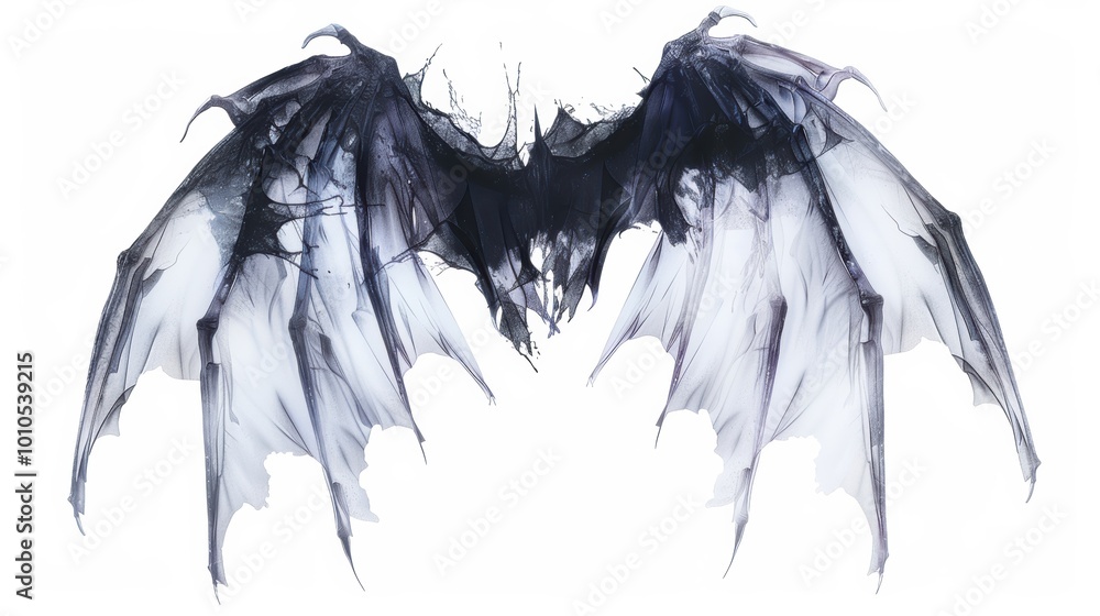 A pair of ethereal, black and white bat wings, featuring intricate details and a wispy texture, evoking a mystical or supernatural vibe