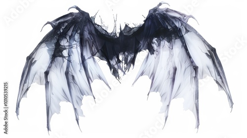 Obraz na płótnie A pair of ethereal, black and white bat wings, featuring intricate details and a wispy texture, evoking a mystical or supernatural vibe w salonie