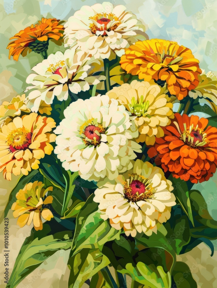 A vibrant bouquet of zinnias in various colors, featuring white, orange, and yellow blooms against a light background