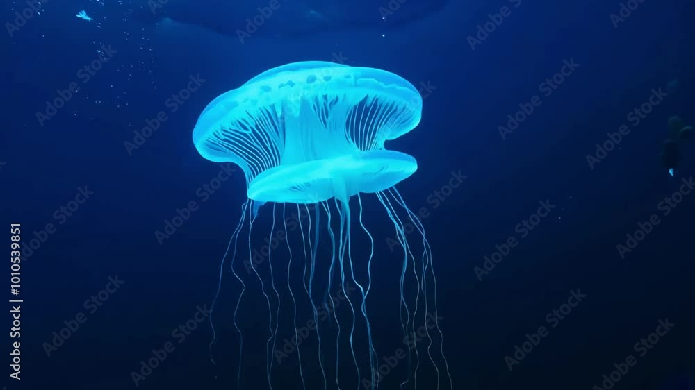 A bright jellyfish illuminated by soft blue light moves gracefully through the dark water, showcasing its delicate translucent body. The jellyfish’s gentle, fluid movements create a mesmerizing and et A bright jellyfish illuminated by soft blue light moves gracefully through the dark water, showcasing its delicate translucent body. The jellyfish’s gentle, fluid movements create a mesmerizing and et
