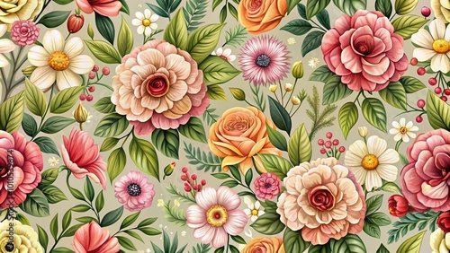 Floral seamless pattern with wide-angle view of flowers and leaves