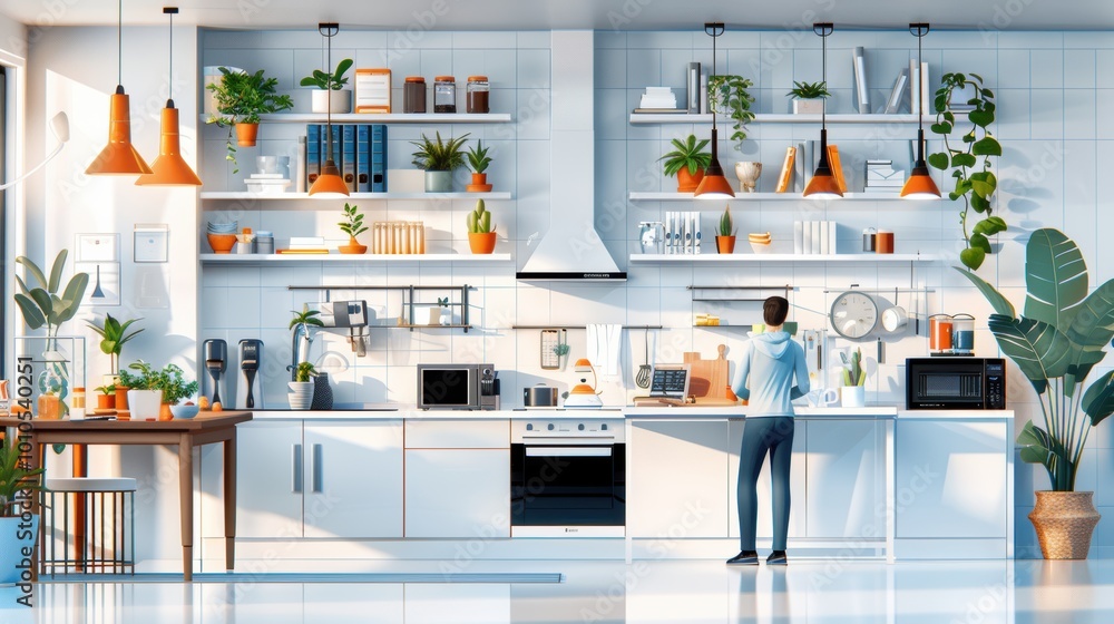 A modern, bright kitchen with a person cooking, featuring stylish decor, plants, and an organized layout.