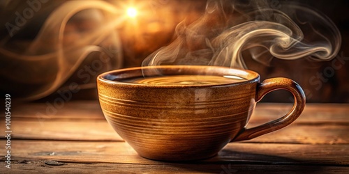 A rustic ceramic mug filled with steaming liquid, illuminated by the warm glow of a nearby light source, sitting on a weathered wooden surface.