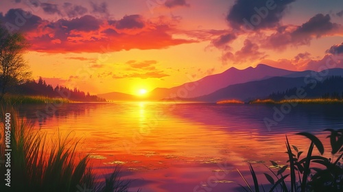 Vibrant Sunset Over Calm Water and Mountains