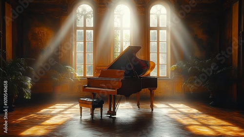 A grand piano sits in a sunlit room with large windows and ornate walls.