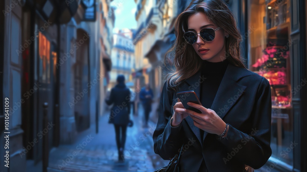 European business woman looking at her phone while walking through a Parisian street European business woman looking at her phone while walking through a Parisian street