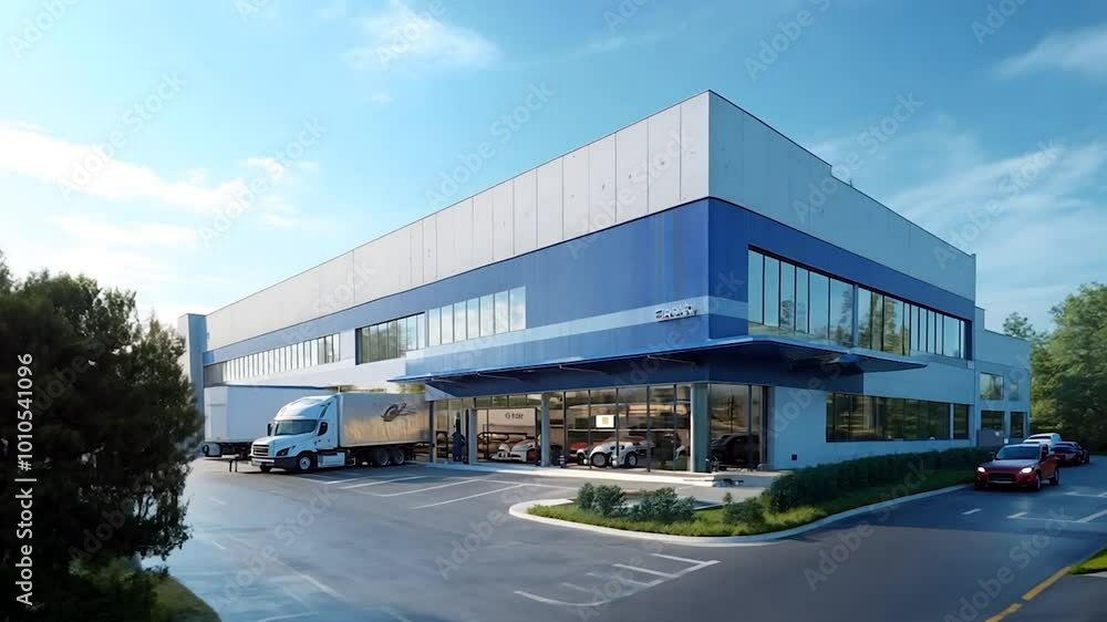 Modern Industrial Building with Delivery Truck Modern Industrial Building with Delivery Truck