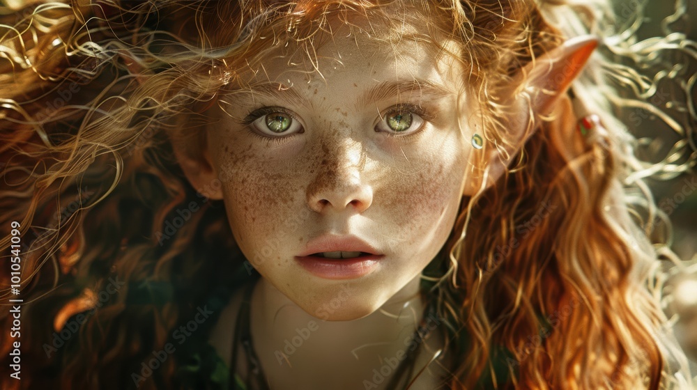 A captivating portrait of a young girl elf with curly red hair and freckles, embodying a whimsical, mythical essence.