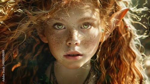 Obraz na płótnie A captivating portrait of a young girl elf with curly red hair and freckles, embodying a whimsical, mythical essence. w salonie