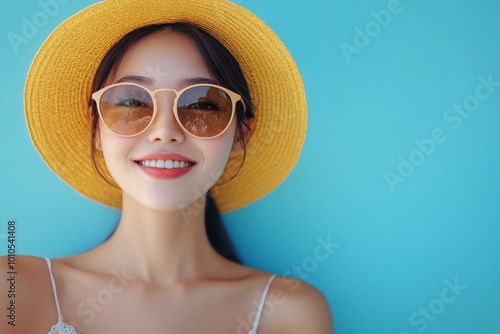 A young woman with a bright smile wearing a straw hat and sunglasses against a blue wall.