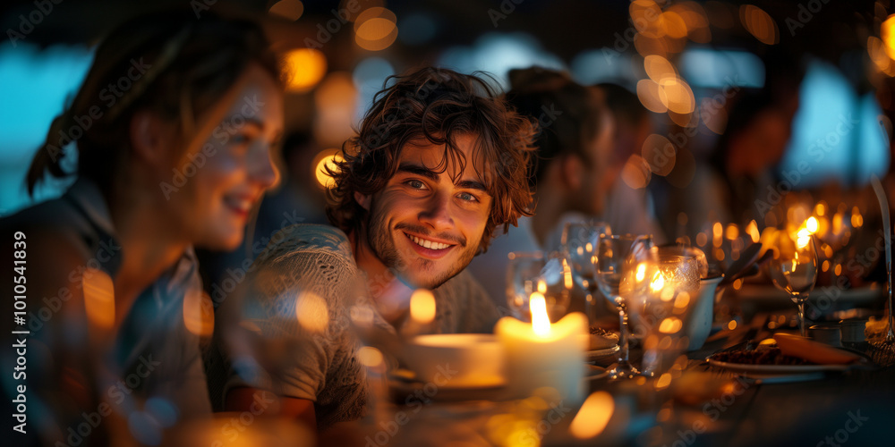 Young Man and Woman Enjoying a Romantic Candlelit Dinner with Friends at a Rustic Table by the Sea