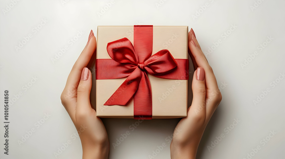 Gift Box with Red Ribbon Held in Hands Gift Box with Red Ribbon Held in Hands