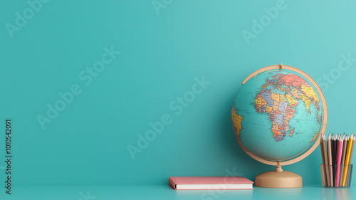 colorful globe sits on bright turquoise desk alongside pink notebook and container of pencils, creating vibrant and inviting study space