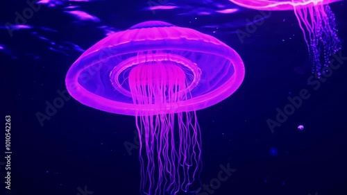 A glowing neon jellyfish gracefully floats through dark water, illuminated by vibrant purple light. Its tentacles drift effortlessly, creating a surreal and mesmerizing underwater scene. The biolumine photo