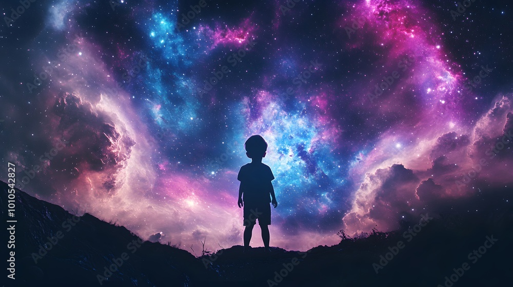 A silhouette of a child standing under a vibrant cosmic sky filled with stars and colorful nebula, symbolizing wonder and imagination. A silhouette of a child standing under a vibrant cosmic sky filled with stars and colorful nebula, symbolizing wonder and imagination.