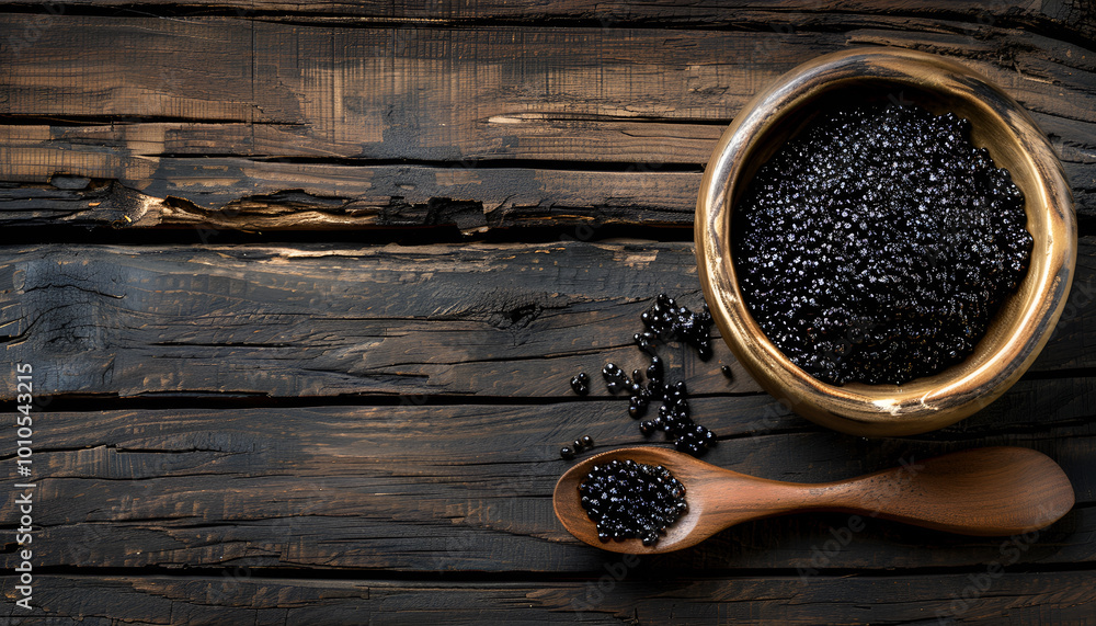 Bowl and spoon with delicious black caviar on a wooden table. Space for text Bowl and spoon with delicious black caviar on a wooden table. Space for text