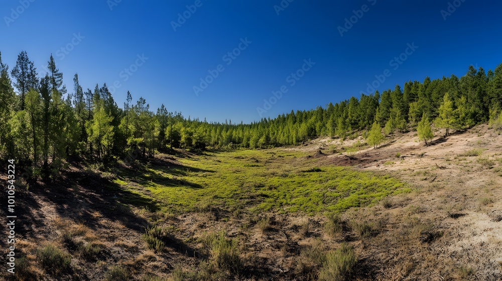 A bright forest scene showing contrasting patches of lush green moss and dry soil under clear blue skies, symbolizing change.. A bright forest scene showing contrasting patches of lush green moss and dry soil under clear blue skies, symbolizing change..