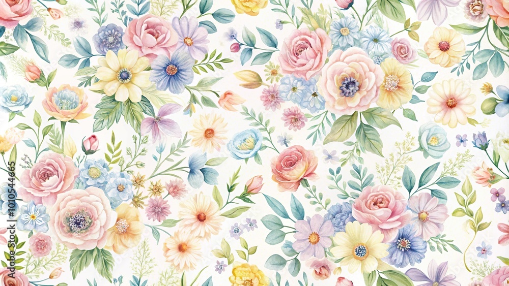 Flower seamless pattern on white background with small floral design in pastel colors Flower seamless pattern on white background with small floral design in pastel colors