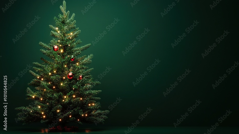 Decorated Christmas Tree with Lights and Ornaments Against a Green Background Decorated Christmas Tree with Lights and Ornaments Against a Green Background