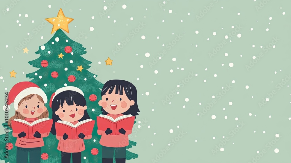 Three Children Singing Christmas Carols in Front of a Christmas Tree Three Children Singing Christmas Carols in Front of a Christmas Tree