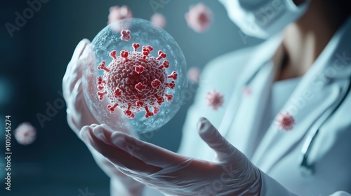 Scientist holding virus model, white isolate background photo