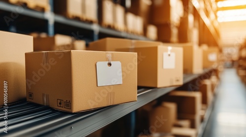 Storage of cardboard boxes on shelves in a warehouse, illuminated by warm light.