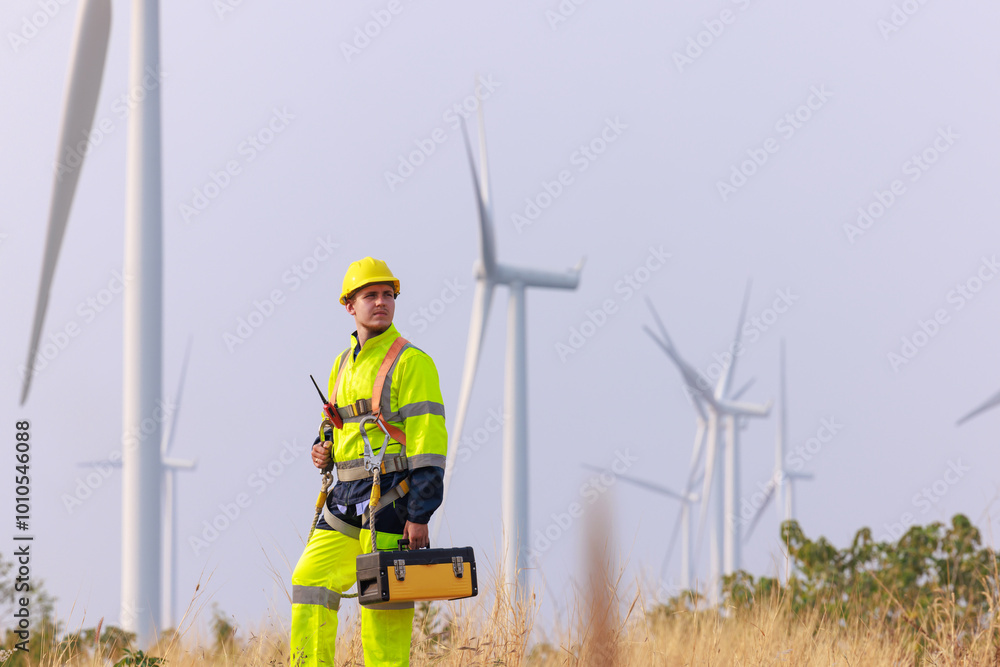 engineers wearing uniform and hardhats standing at wind turbines farm. engineers wearing uniform and hardhats standing at wind turbines farm.