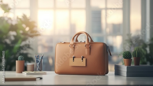 Stylish leather briefcase on a desk with plants and stationery, warm sunlight background. photo