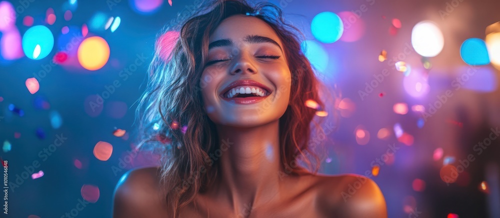 Happy woman laughing with confetti falling around her. Happy woman laughing with confetti falling around her.
