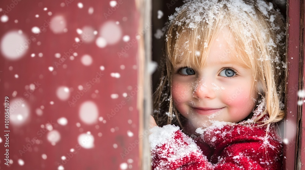 A child peeking out the window of a snow-covered cabin, watching the snowfall A child peeking out the window of a snow-covered cabin, watching the snowfall