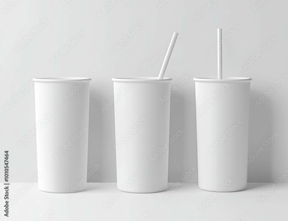 Three white plastic cups with straws is white Three white plastic cups with straws is white
