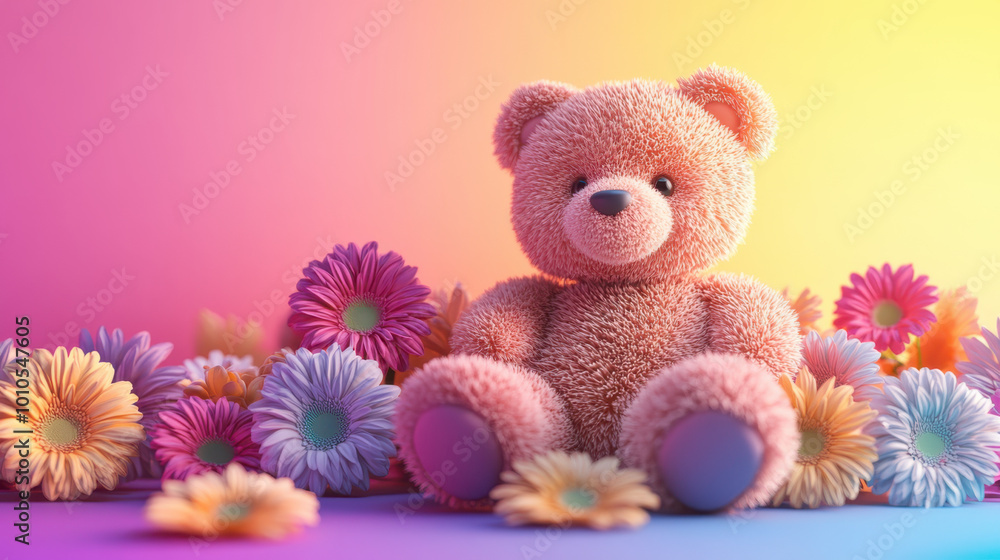 Fototapeta premium Cute little bear 3D 3D flowers on a colorful background