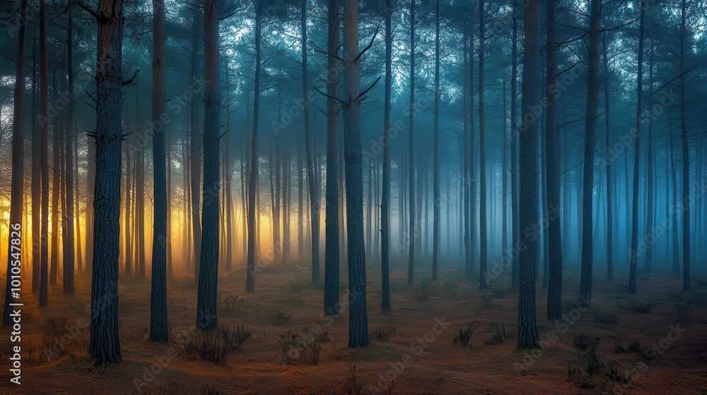 Obraz premium A serene forest scene shrouded in mist, with contrasting warm and cool light hues.