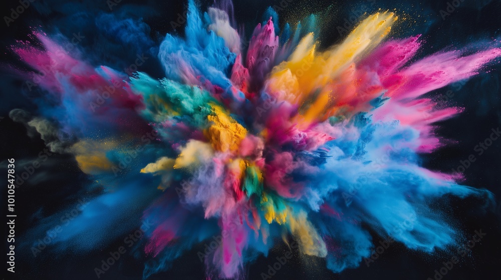 A vivid burst of colored powder on black creates a joyful, dynamic spectacle of swirling hues. A vivid burst of colored powder on black creates a joyful, dynamic spectacle of swirling hues.
