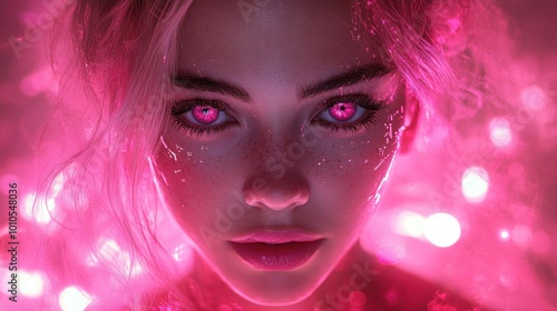 Cybernetic portrait with glowing pink light elements