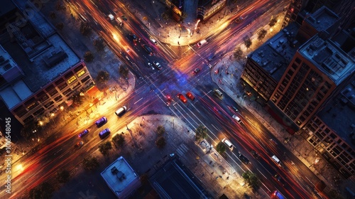 Nighttime Aerial View of a City Street with Traffic