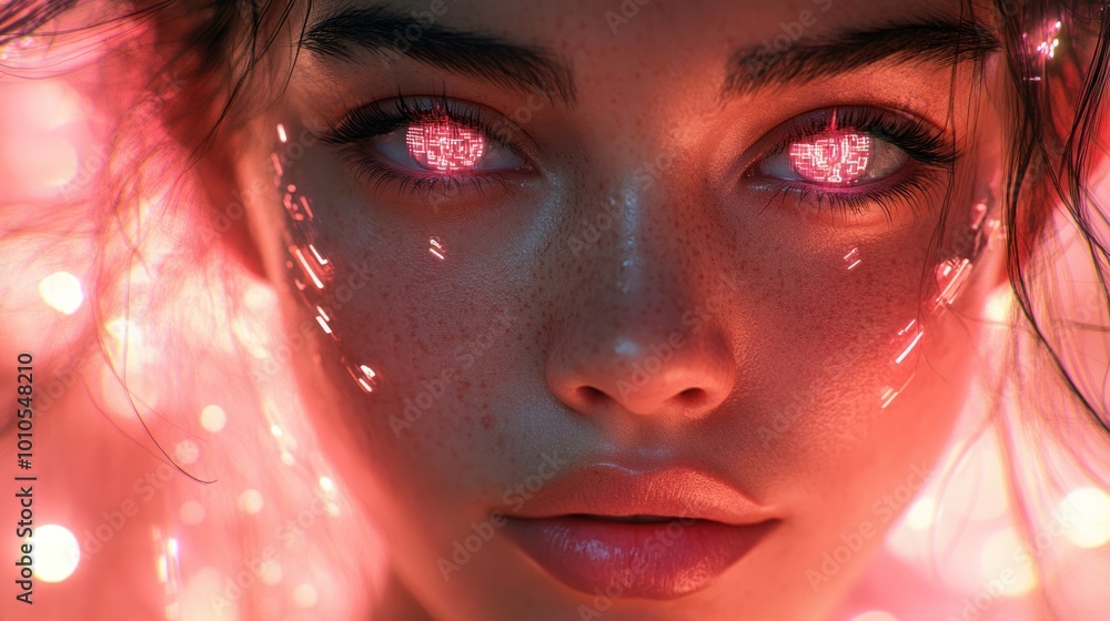 Woman's face with radiant pink digital light effects